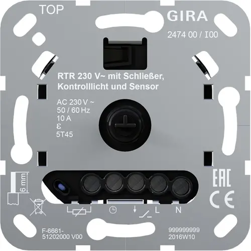 Gira 247400 ruimtetemperatuurregelaar 230 V met maakcontact controlelamp en sensor voor elektrische vloerverwarming