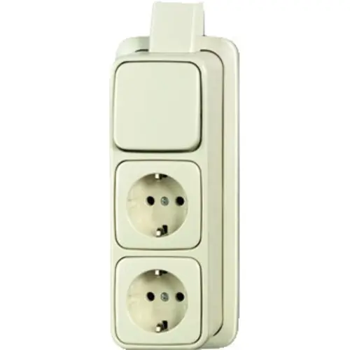Busch-Jaeger 2601/6/2300/2 EAPJ combinatie wisselschakelaar/2x wandcontactdoos met randaarde K/P-25 opbouw AP plus creme