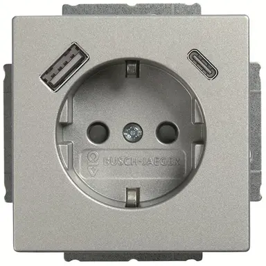 Busch-Jaeger 20 EUCB2USBAC-83 wandcontactdoos randaarde met USB type A en C Future Linear aluzilver mat