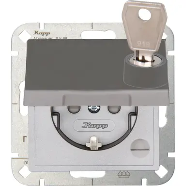 Kopp 951547003 wandcontactdoos randaarde kindveilig met klapdeksel en slot HK07 Athenis staal grijs