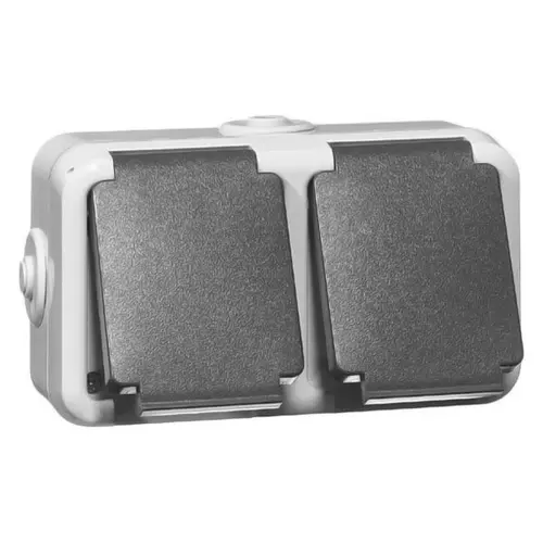 PEHA 6632 WAB wandcontactdoos 2-voudig randaarde met klapdeksel horizontaal spatwaterdicht IP54 grijs