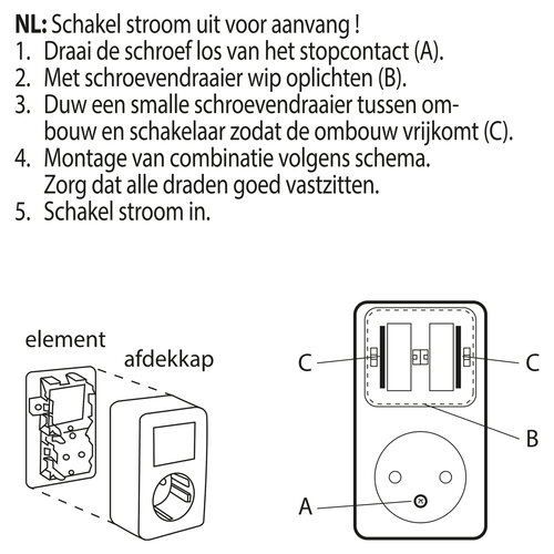 Q-Link 00.945.68 combinatie wandcontactdoos randaarde en wisselschakelaar opbouw zwart