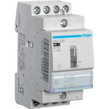 Hager ERC426 magneetschakelaar 25A 230V AC 4x verbreek contact met handbediening 50Hz.