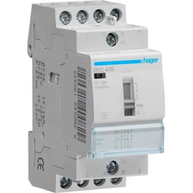 Hager ERC418 magneetschakelaar 16A 230V AC 2x maak + 2x verbreek contacten met handbediening 50Hz.