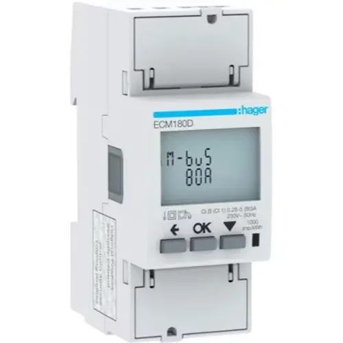 Hager ECM180D kwh-meter 1-fase directe meting 80A 2-modulen breed M-bus MID