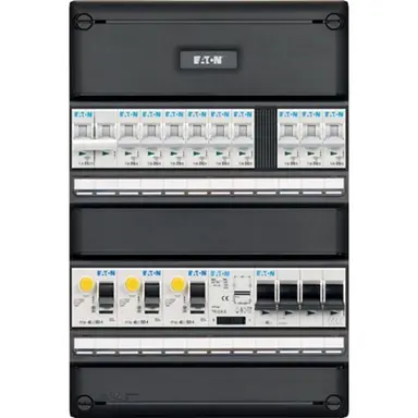 Eaton I-93V34FT-HS-64 groepenkast 3-fase 9 groepen + fornuisgroep + beltrafo 3-aardlekschakelaars en hoofdschakelaar
