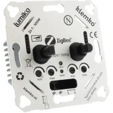 Klemko DUO-2X100W-ZG-LED Lumiko duo dimmer draai/druk 2x100W LED Zigbee