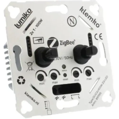 Klemko DUO-2X100W-ZG-LED Lumiko duo dimmer draai/druk 2x100W LED Zigbee