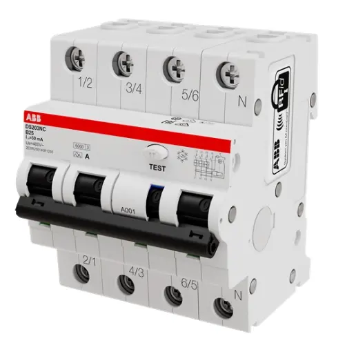ABB DS203NC B25 A30 aardlekautomaat 3p+N 25A 30mA B-karakteristiek 6kA