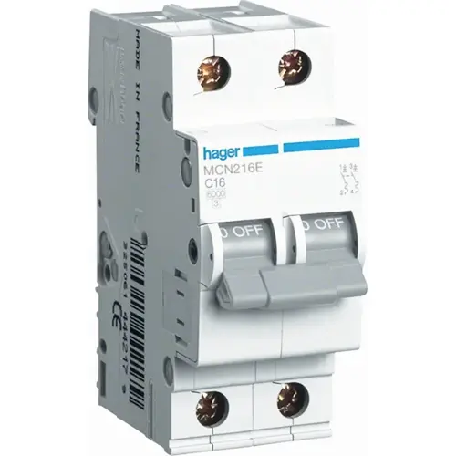 Hager MCN216E installatieautomaat 2p+N 16A C-karakteristiek 6kA