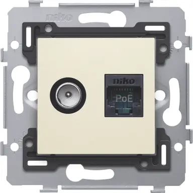 Niko 100-79238 combinatie coax en RJ45 UTP Cat 6 klaar voor PoE++ met schroefbevestiging en afwerkingsset cream