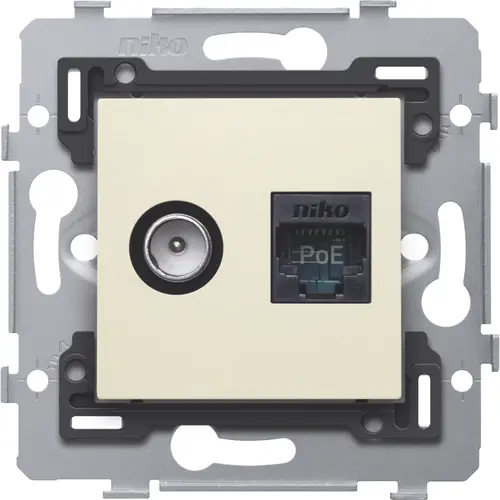 Niko 100-79238 combinatie coax en RJ45 UTP Cat 6 klaar voor PoE++ met schroefbevestiging en afwerkingsset cream