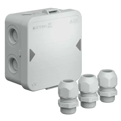 Attema AT2280 kabeldoos vierkant 95 x 95 x 45 mm incl. 3 wartels M20 voor 8-14 mm kabel IP65