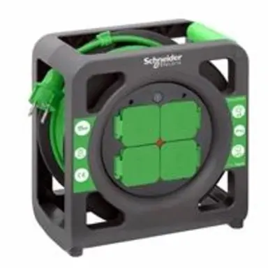 Schneider IMT33136 kabelhaspel 3x1,5mm² met 4 randaarde stopcontacten IP44 15 meter groen