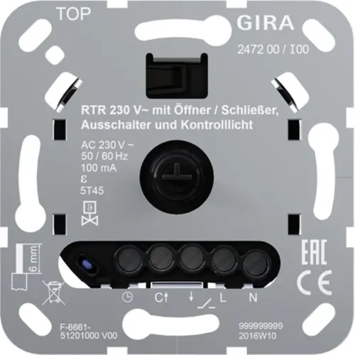Gira 247200 basiselement ruimtetemperatuurregelaar 230V met verbreek-/maakcontact uitschakelaar en controlelamp