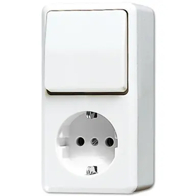 JUNG 676 A WW combinatie wisselschakelaar/wandcontactdoos opbouw randaarde alpine wit