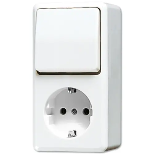 JUNG 676 A WW opbouw combinatie wisselschakelaar/wandcontactdoos randaarde AP600 alpine wit