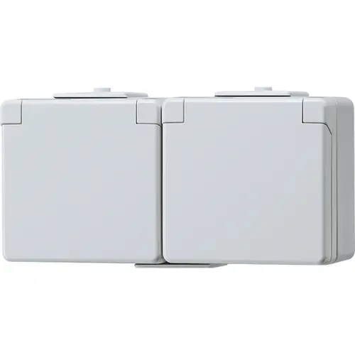 JUNG 622 NW wandcontactdoos 2-voudig randaarde met klapdeksel horizontaal opbouw IP44 WG600