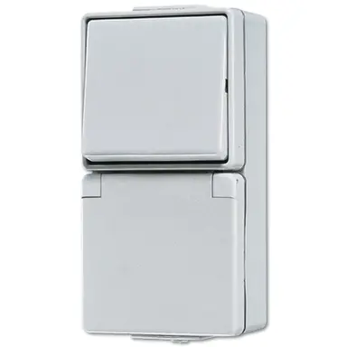 JUNG 676 W combinatie wisselschakelaar / wandcontactdoos randaarde opbouw IP44 WG600