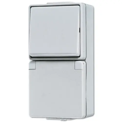 JUNG 676 W combinatie wisselschakelaar / wandcontactdoos randaarde opbouw IP44 WG600