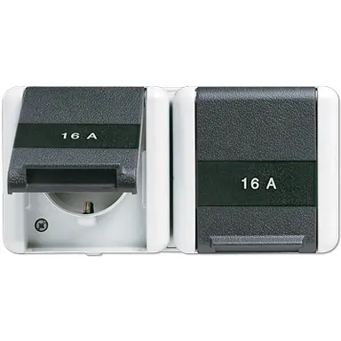 JUNG 8220 KINAW wandcontactdoos 16A 2-voudig randaarde Safety+ opbouw IP44 horizontaal WG800