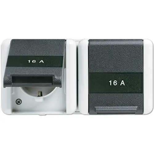 JUNG 8220 KINAW wandcontactdoos 16A 2-voudig randaarde Safety+ opbouw IP44 horizontaal WG800