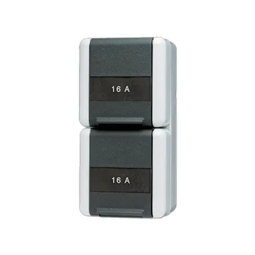 JUNG 822 KINAW wandcontactdoos 16A 2-voudig randaarde Safety+ opbouw IP44 verticaal WG800