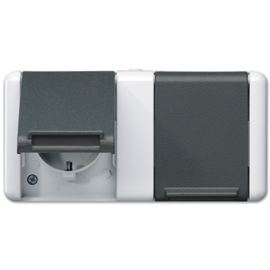 JUNG 8220-1 W wandcontactdoos 2-voudig randaarde opbouw met midden afdekking IP44 horizontaal WG800