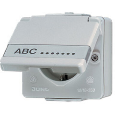 JUNG 620 NAW wandcontactdoos randaarde met klapdeksel en tekstkader opbouw IP44 WG600