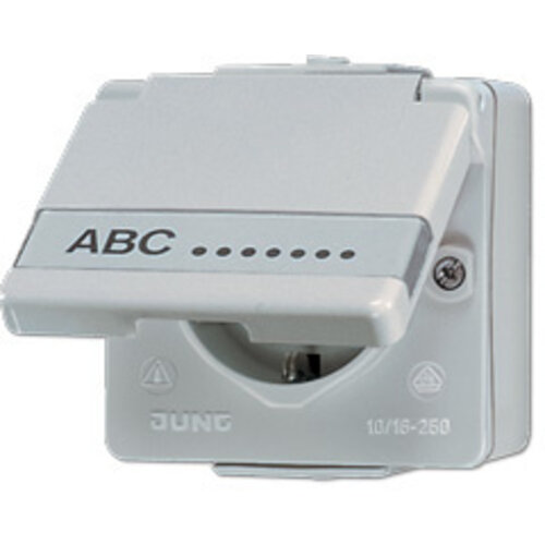 JUNG 620 NAW wandcontactdoos randaarde met klapdeksel en tekstkader opbouw IP44 WG600