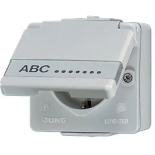 JUNG 620 NAW wandcontactdoos randaarde met klapdeksel en tekstkader opbouw IP44 WG600