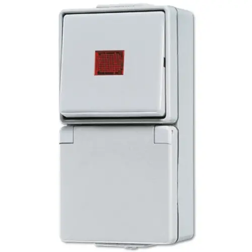 JUNG 676 KOW combinatie wisselschakelaar /wandcontactdoos randaarde met controleverlichting opbouw IP44 WG600