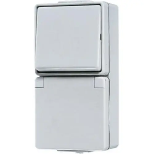 JUNG 671 W combinatie pulsdrukker/wandcontactdoos randaarde opbouw IP44 WG600