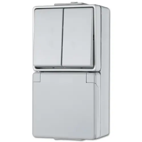 JUNG 675 W combinatie serieschakelaar/wandcontactdoos randaarde dubbele wip opbouw IP44 WG600