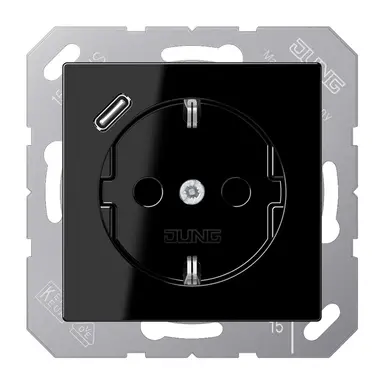 JUNG A 1520-18 C SW wandcontactdoos randaarde Safety+ met USB-C A-range zwart glans