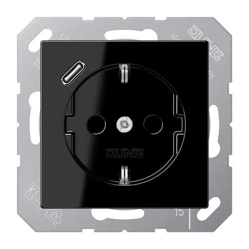 JUNG A 1520-18 C SW wandcontactdoos randaarde Safety+ met USB-C A-range zwart glans