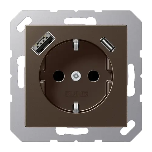 JUNG A 1520-15 CA MO wandcontactdoos randaarde Safety+ met USB type A en C A-range mokka