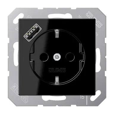 JUNG A 1520-18 A SW wandcontactdoos randaarde Safety+ met USB-A A-range zwart glans