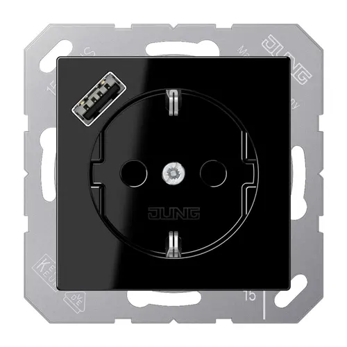 JUNG A 1520-18 A SW wandcontactdoos randaarde Safety+ met USB-A A-range zwart glans