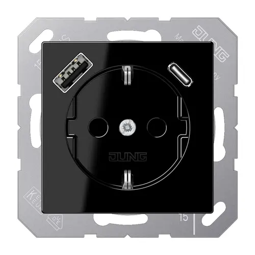JUNG A 1520-15 CA SW wandcontactdoos randaarde Safety+ met USB type A en C A-range zwart glans