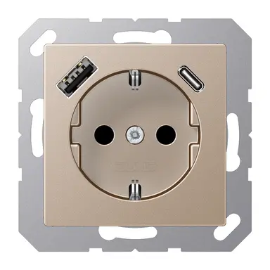 JUNG A 1520-15 CA CH wandcontactdoos randaarde Safety+ met USB type A en C A-range champagne