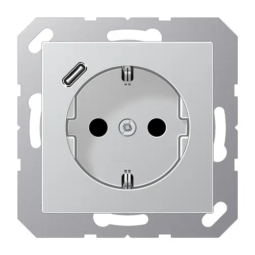 JUNG A 1520-18 C AL wandcontactdoos randaarde Safety+ met USB-C A-range aluminium
