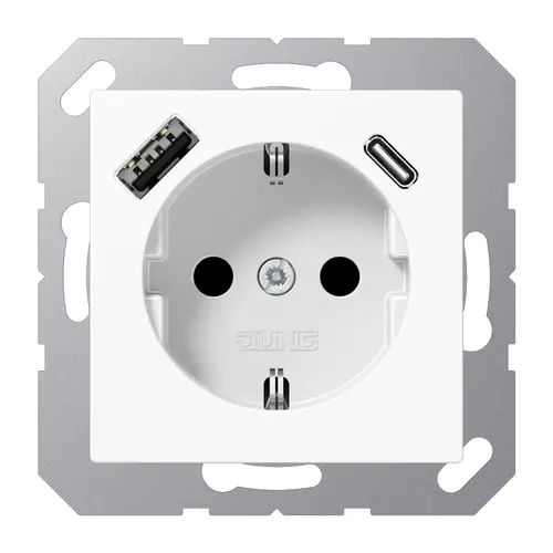 JUNG A 1520-15 CA WW wandcontactdoos randaarde Safety+ met USB type A en C A-range alpine wit