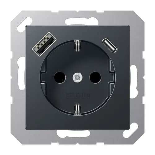 JUNG A 1520-15 CA ANM wandcontactdoos randaarde Safety+ met USB type A en C A-range antraciet mat