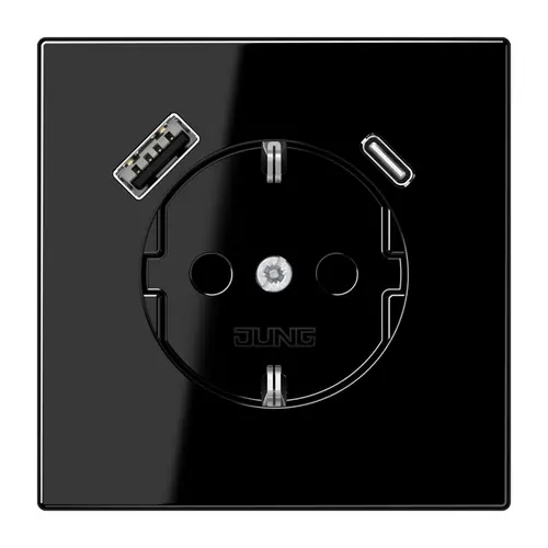 JUNG LS 1520-15 CA SW wandcontactdoos randaarde Safety+ met USB type A en C LS990 zwart glans