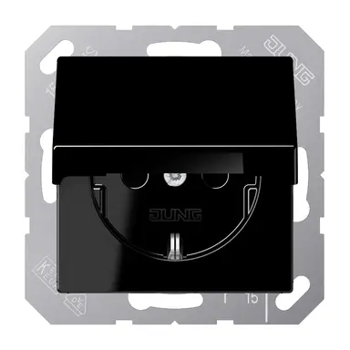 JUNG A 1520 NBFKIKL SW wandcontactdoos randaarde Safety+ met klapdeksel A-range zwart glans