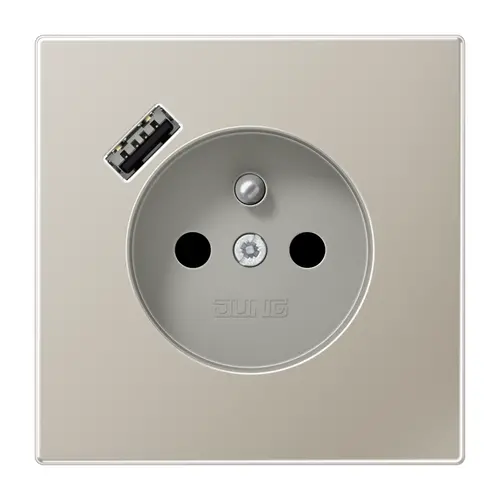 JUNG ES 1520 F-18 A wandcontactdoos penaarde Safety+ met USB type A LS990 edelstaal