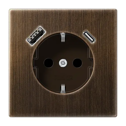 JUNG ME 1520-15 CA AT wandcontactdoos randaarde Safety+ met USB type A en C LS990 messing antiek