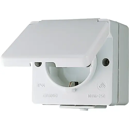 JUNG 621 W-1 wandcontactdoos randaarde schroefklem met klapdeksel opbouw IP44