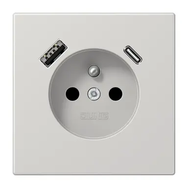 JUNG LS 1520 F-15 CA LG wandcontactdoos penaarde Safety+ met USB type A en C LS990 lichtgrijs